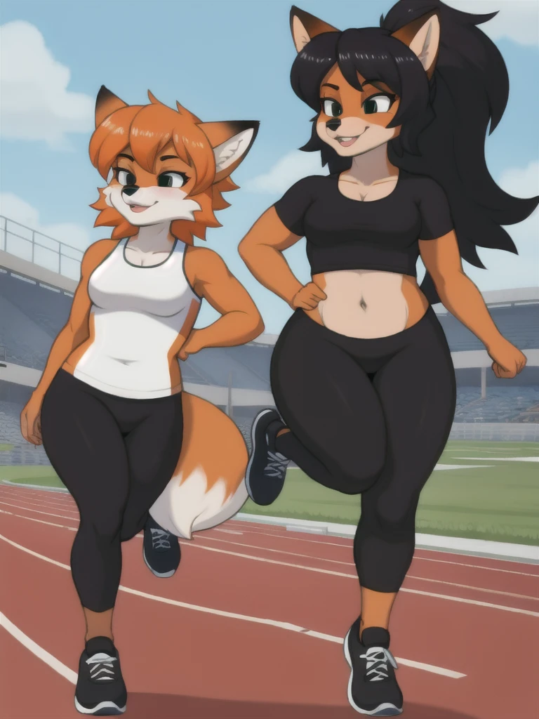Furry, fox, female, black shirt, black leggings, shoes, running track, friends, full body