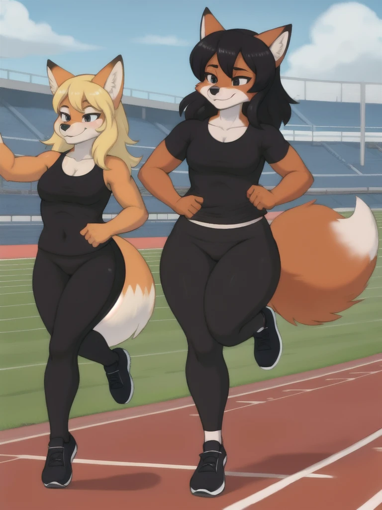 Furry, fox, female, black shirt, black leggings, shoes, running track, friends, full body