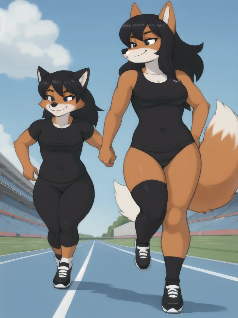 Furry, fox, female, black shirt, black leggings, shoes, running track, friends, full body