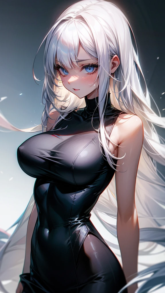 Very perfect body, Beautiful face, long white hair, big breasts, slim, black top, black skirt