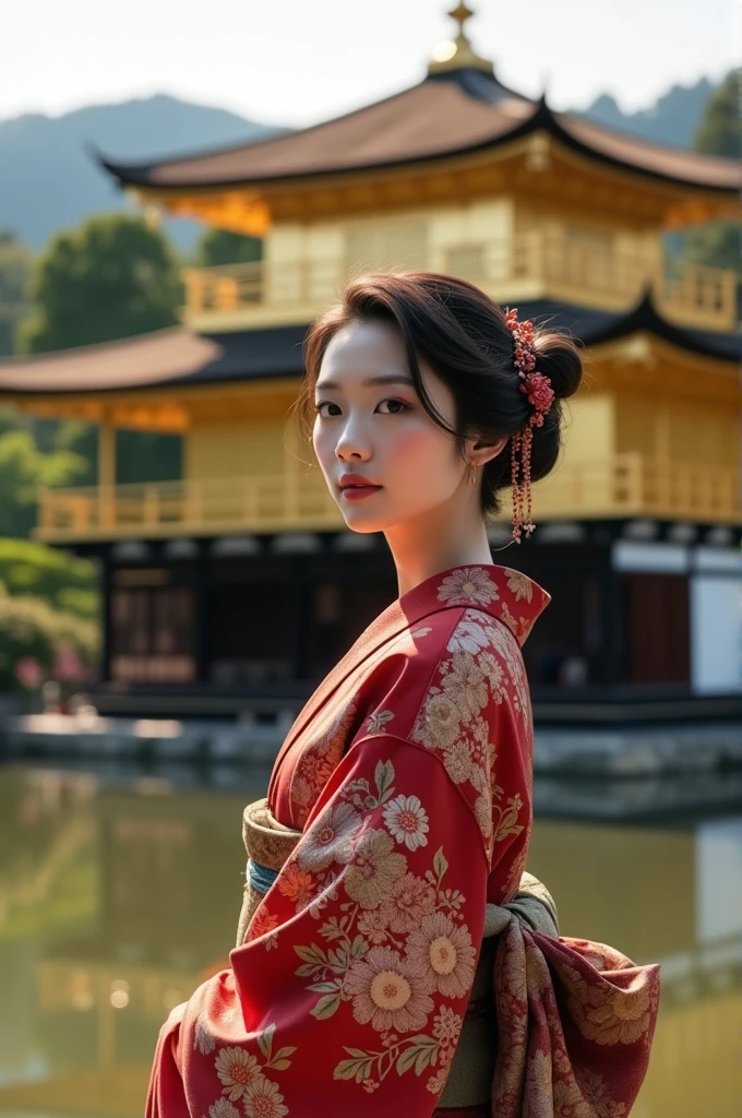 "An AI-generated beautiful woman wearing a traditional Japanese kimono stands in front of the Golden Pavilion (Kinkaku-ji) in Kyoto. The sunlight glistens off the temple’s golden exterior, and the serene reflection in the pond below creates a tranquil atmosphere. The AI woman has an elegant and serene expression as she takes in the historical beauty of the scene. The lush green trees in the background and the calm water add to the peaceful vibe. The AI woman’s detailed kimono features intricate floral patterns with a rich, traditional color palette, making her blend perfectly with the cultural surroundings."