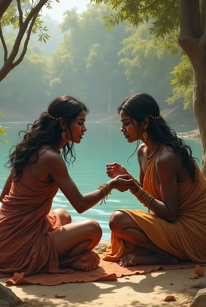 Pale white skinned North Indian slave woman with dark skinned child, and dark skinned south indian slave woman with pale white skinned child, gupta era, both are sitting beside a lake, yank  eachothers hair while sitting their own child on their lap