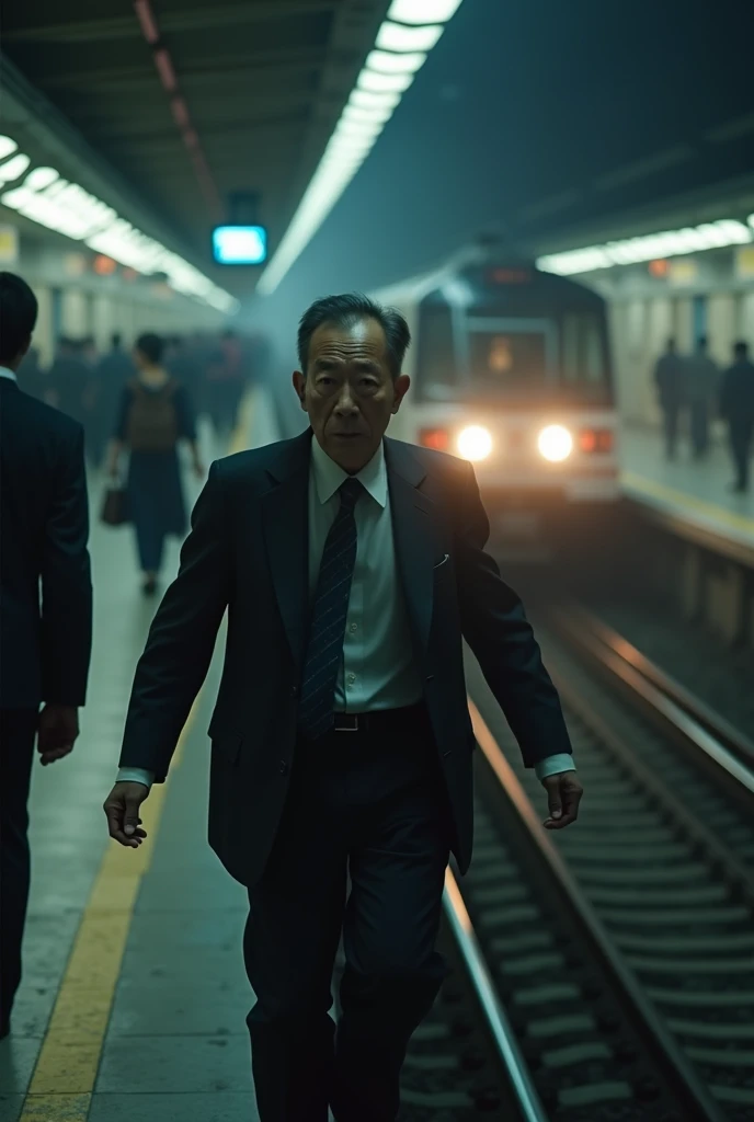 Japanese man jumps towards train tracks