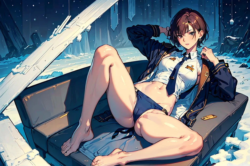 masterpiece, (Perfect Anatomy:1.5), highest quality, 1 lady , slender, leggy, Seductive, brown hair ,very short hair,  (wear a white long sleeved shirt, tie, navy officer winter jacket:1.5), white bikini pantie , barefoot, Perfect hands, Perfect body, reclining, lying on a sofa, leg lift , looking away, ((Exquisite detail)), Very finely crafted fingers(((10 fingers))), (full body showcase), (Show your whole body), (no background), (No logo) , high resolution, parted lips, belly button , feet up, arms up