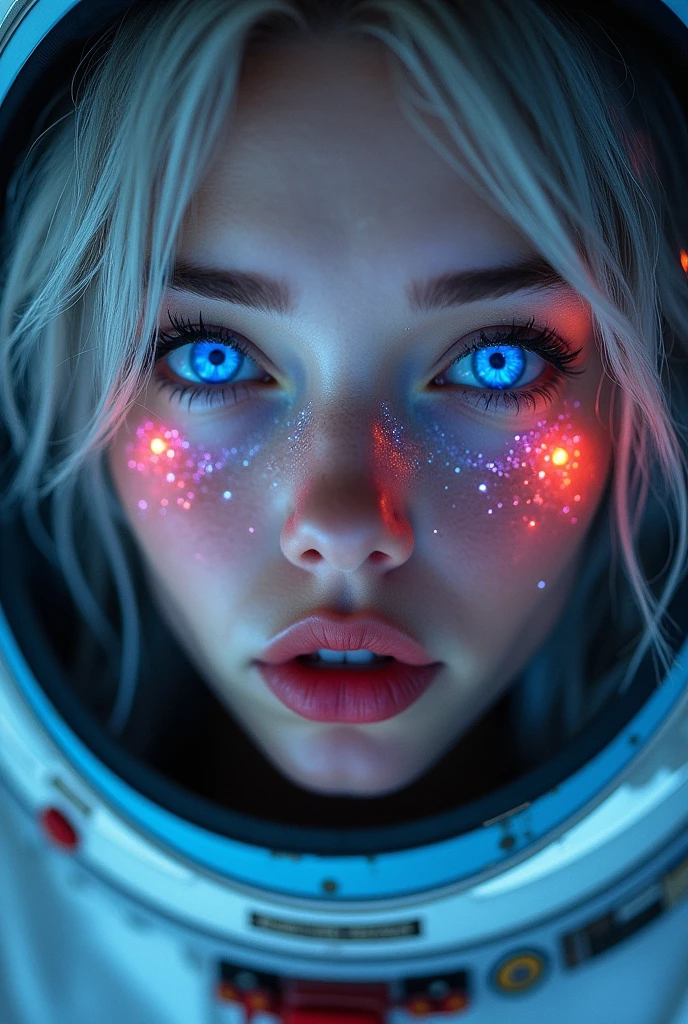 (Close-up of a better masterpiece:1.5)0.9], (Space and astronauts:1.2) (Messy silver hair:1.1) (Heterochromia xanthochromia and blue eyes:1.2) (Space Helmet:1.0) (Colored stars in the eyes:1.0) (A radiant glow:1.1) (thick lips:0.9)