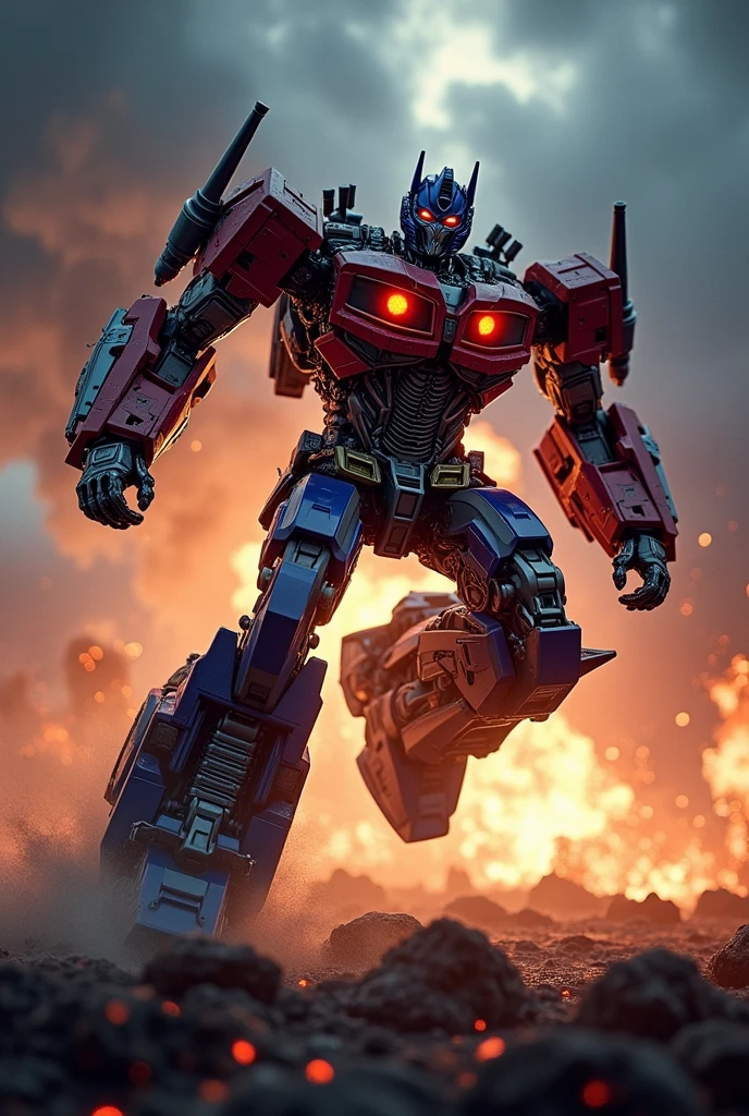 Alita one.Optimus Prime, robot warrior, leaping against dark cloudy sky, intense battle background, dynamic explosion effects, cinematic lighting, highly detailed, 8K, (best quality,4k,8k,highres,masterpiece:1.2),ultra-detailed,(realistic,photorealistic,photo-realistic:1.37),epic action scene,dramatic pose,intricate mechanical design,glowing energy,sparks,dust,devastation,cinematic angle,dramatic lighting. 
