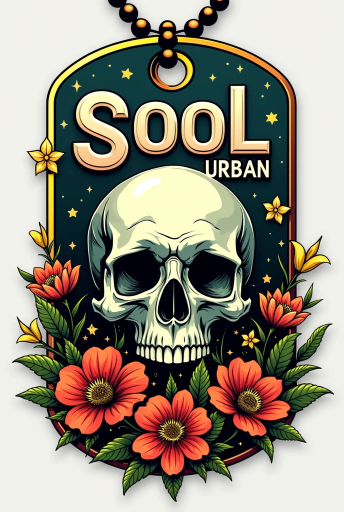 logo of a youth clothing brand, in the form of a dog tag that has the “Sool Urban” engraved in capital letters in the shape of a realistic human bone and at the bottom a sterilized skull with reddish orange floral arrangements, yellow and phosphorescent green, that inspire youth and modernity