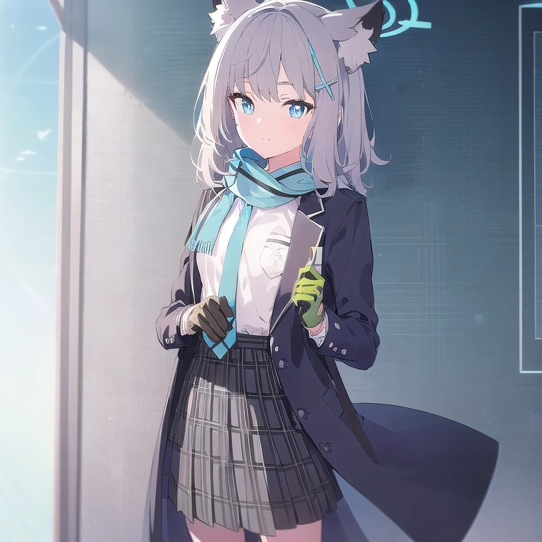 1girl, solo, shiroko (blue archive), smile,silver hair, short hair, Odd Eye, Bright blue eyes, school uniform, Blue cross-shaped hairpin, Light blue muffler, animal ears, Wearing green and black gloves,sensei,