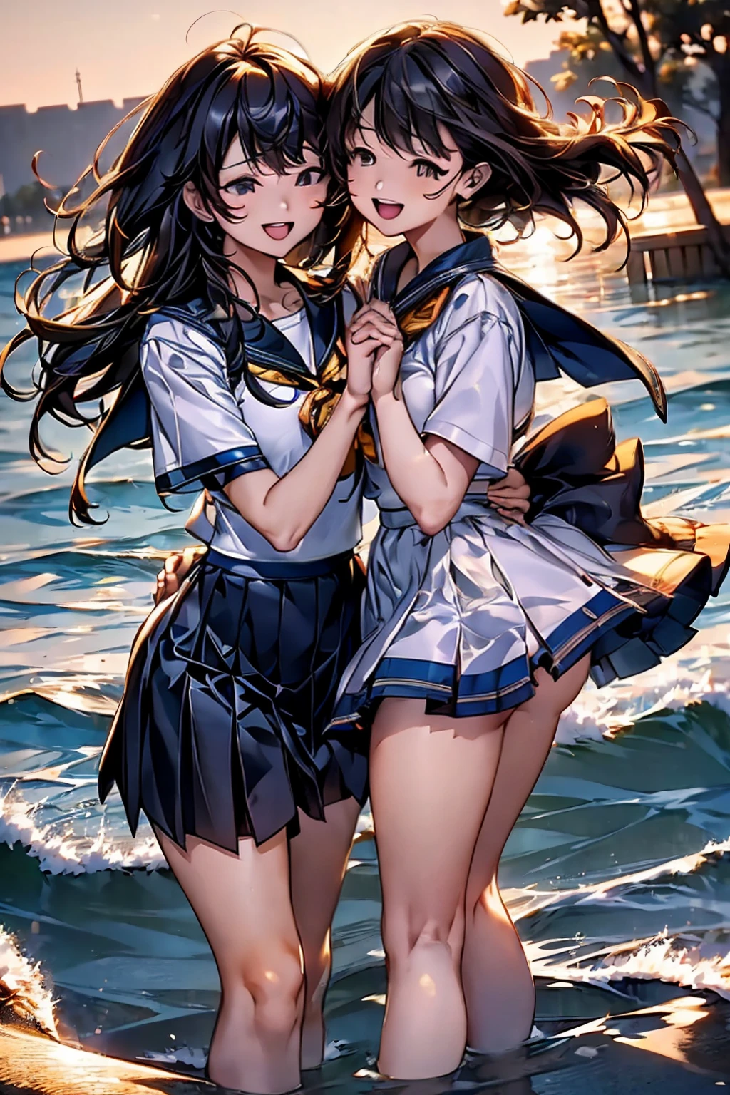 Browsing Caution,​(Highest quality, 8k, masterpiece:1.3,beautiful girl), (Very detailed)Glowing Skin,(((Woman 1))),((Short sleeve, cute navy sailor suit, Navy Pleated Skirt, Navy sailor collar, Blue Sailor Scarf, socks, Brown Loafers)), (Perfect Anatomy, Anatomically correct, Very detailed肌),((Golden Eyes)),((Perfect Fingers,Five Fingers)),((Black Hair,Bobcut,)),Natural Makeup,Smile in full bloom、cheeks turn a little red,Seaside、sunset、Hair blowing in the wind、While stroking my hair,(((Laugh with your mouth wide open,turn around,wave hands,))),((Hands splashing seawater,Shallow water))