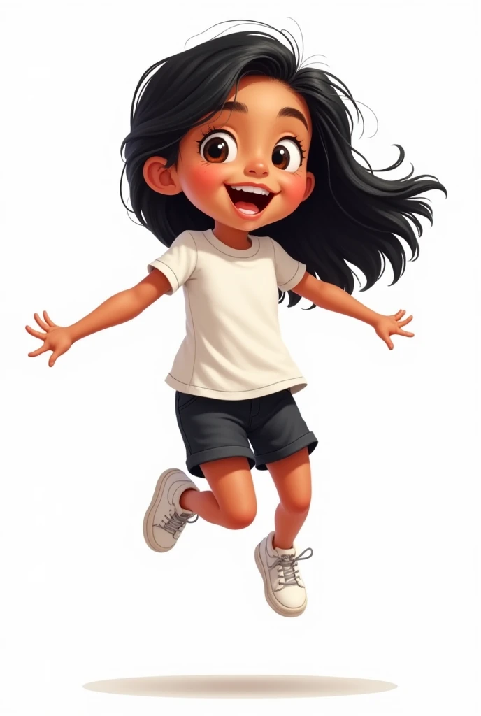 illustration of an avatar of an 8 year old Latino girl named lucy with long black beautiful hair ,wearing a white top and black shorts with white sneakers ,plain white background, isolated on white, jumping