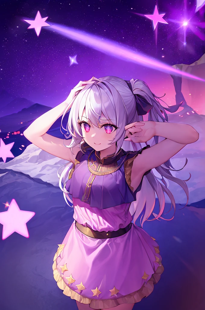 1 girl, whole body, military dress uniform,
(rembrandt), illustration, (work of art), (best qualityer), (ultra_detailded), fine-details, (Depth of field),
HshinoAi,mitts, language out, language, long hair, star \(Symbol\), looking ahead at viewer, (White hair:1.2), pink eyes, trunk, hair ornament, :p, volantes, pink chemise, ssmile, sleeveless, chemise, idol, Symbol-shaped pupils, hands up, bangss, one side up, star-shaped pupils, arms up,
pull dress,
Roaring Twenties, isometric, From  above, sky, flowers, cliff, elfo, pointy ears
