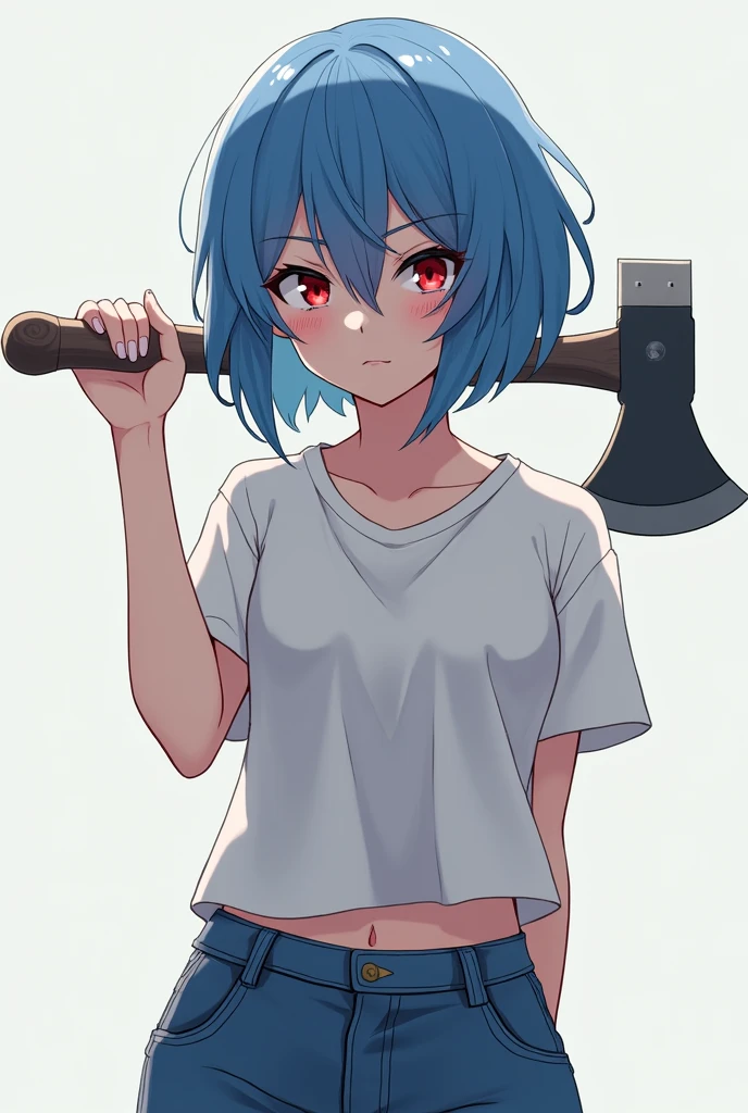 anime girl with blue hair and red eyes, she is holding an axe , she is wearing white tshirt and jeans and she is beautifull , 4k