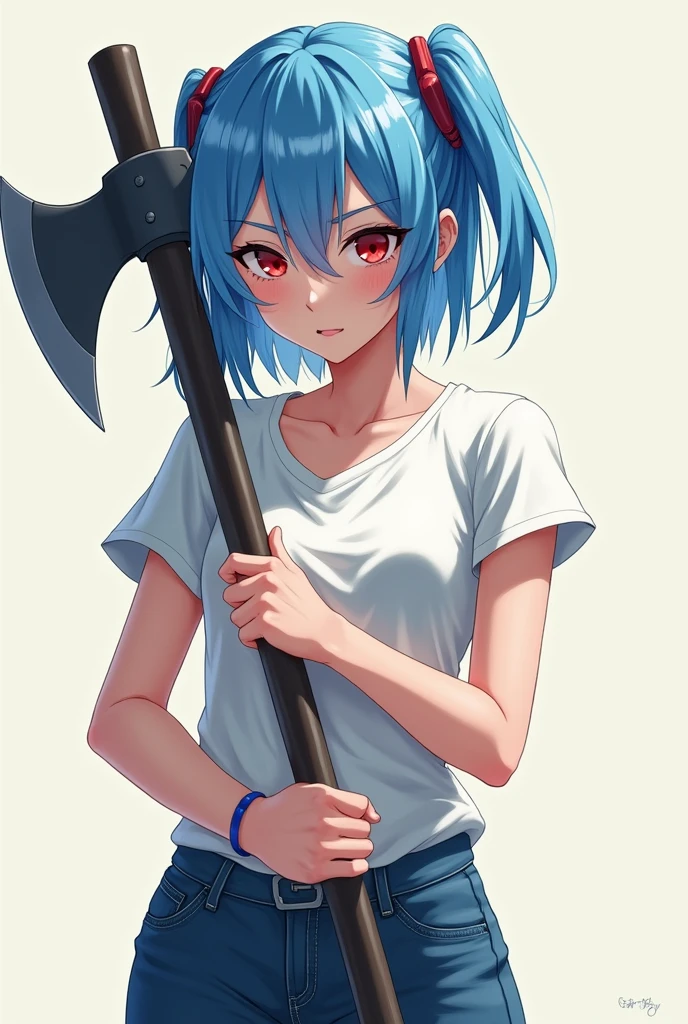 anime girl with blue hair and red eyes, she is holding an axe , she is wearing white tshirt and jeans and she is beautifull , 4k 
