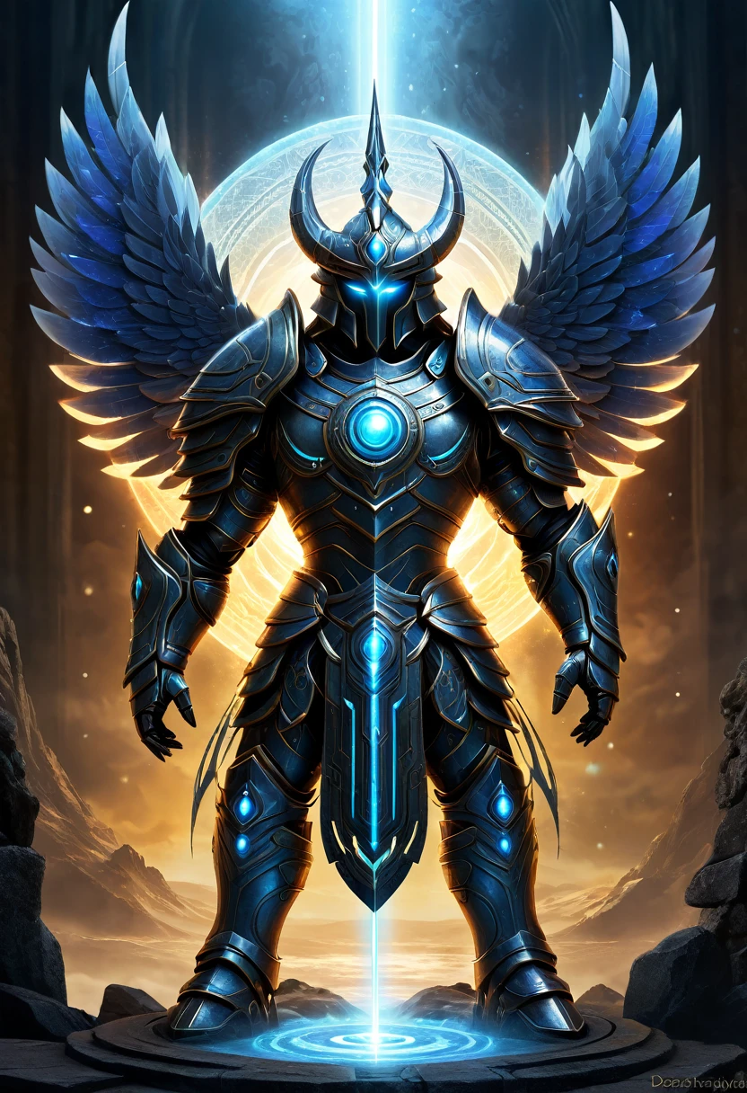 Create a sentinel, guardian of a sacred portal, with elements fused into its armor. detalhes perfeitos, detailed artwork. 