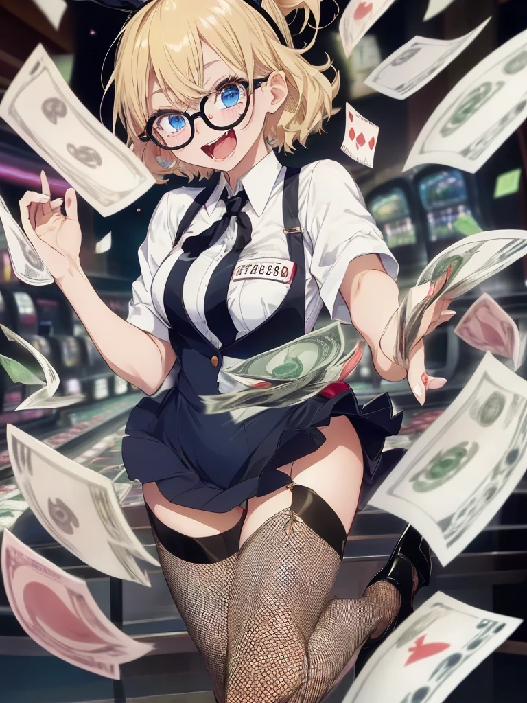 Win big at the casino、Laughing in high spirits、Bunny girl scattering stacks of bills{playboy bunny, fishnet tights, Blonde、Short hair、Blue Eyes、Glasses}、Banknotes are flying in the air