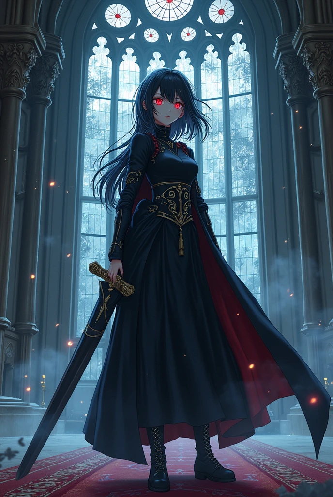I want a manga-style anime girl but colored with darker tones in a more gothic style in a Renaissance cathedral in a storm with evil cosmic spirits following her as servants. She must have black hair and a large, long mystical sword with some magical artifacts on her body, marks of years of combat experience on her body, hair as black as night and a cold look like someone who has seen hell with her own eyes, someone who has gone through experiences that have made her cold and expressionless with empty eyes as long as she can in an elegant way showing the lineage and noble blood that runs through her veins. One of her eyes is also different with magical marks made to seal the infinite power that she stores in her. She also has an evil aura around her that terrifies everyone.