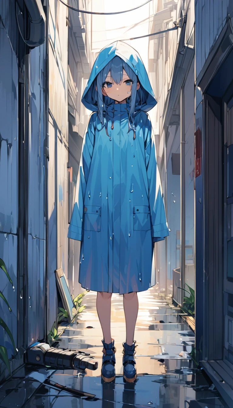A girl in a blue raincoat is standing、My whole body is wet、The gun is pointed sideways at the camera、It's raining、Empty cans are falling、Back alleys in the city、