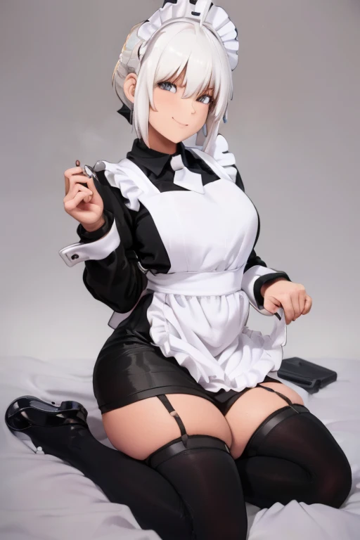 female, silver messy, short hair, silver eyes, cybernetic, (((1girl))), (((black maid uniform))), (white apron), (white stockings), (black heels), cute and sexy, full body, large breasts, long legs, smiling