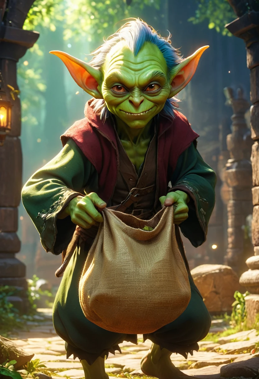(anime, fantasy, goblin), (detailed CG unity 8k wallpaper, masterpiece, best quality, hyperdetailed, HDR:1.2), vibrant colors, highly detailed face, A devious evil goblin, fantasy goblin, stealing a small sack, evil smirk, (cartoon style), enchanted, beautiful, ethereal lighting, lens flare