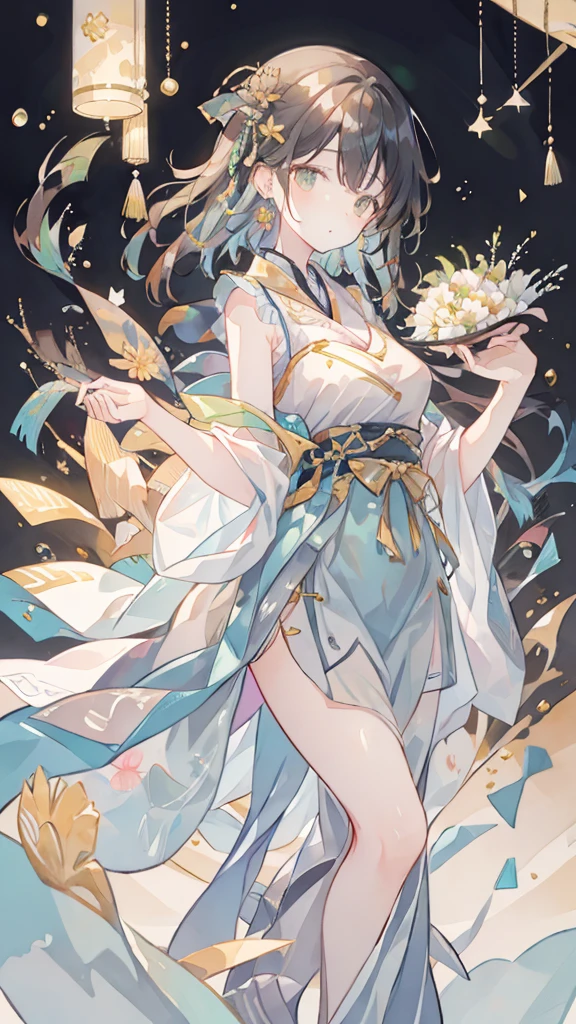 short girl, 1girl, solo, masterpiece, highres, solo, 8k, detailed, perfect face, best quality, (ultra high quality), (looking at viewers), (armpit), bare arms, small breast, sideboob, black hair, long hair, ponytail hair, hair bangs, green eyes, chinese dress, traditional dress, green dress, slim body, upper body, smile, hand up