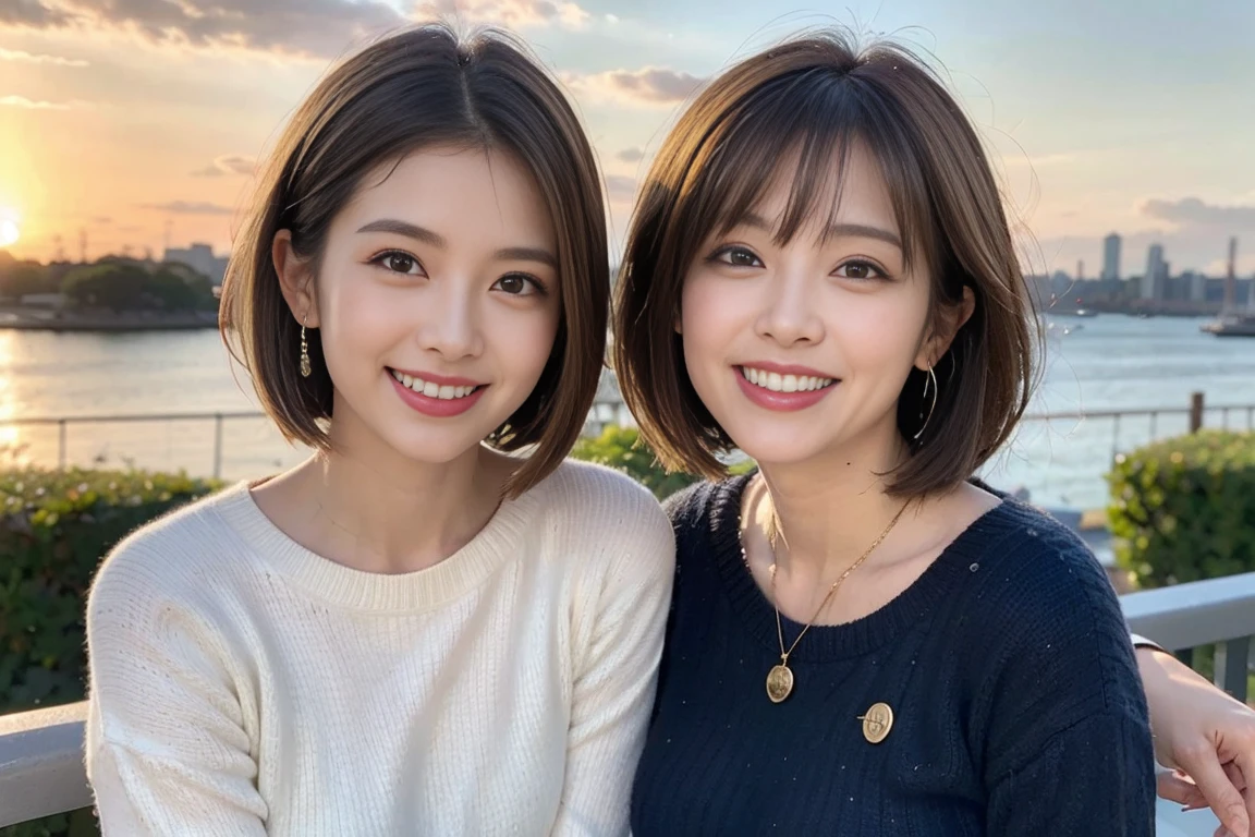 (Realistic:1.1),(masterpiece,Highest quality),8k,(49 years old), 53 years old, ベリーslimボディ、slimカップル、Tight waist,Upper Body,full-course dinner、Japanese sake、Shochu 、Amazing view of the sunset sky and clouds、Perfect Anatomy, Brown Hair, short hair,Random Hairstyles,((Highly detailed face and eyes:1.2)),Perfect golden ratio face,Long sleeve shirt、dress,(smile:1.2)、Shortcuts、cute、(Realistic, Intricate details:1.2), A bright smile、short hair,Bright Face、Champagne、sparkling wine、(slimな顔), (The body is slim), (Brown Hair), (Shortcuts), Upper Body, slim, wine glass,