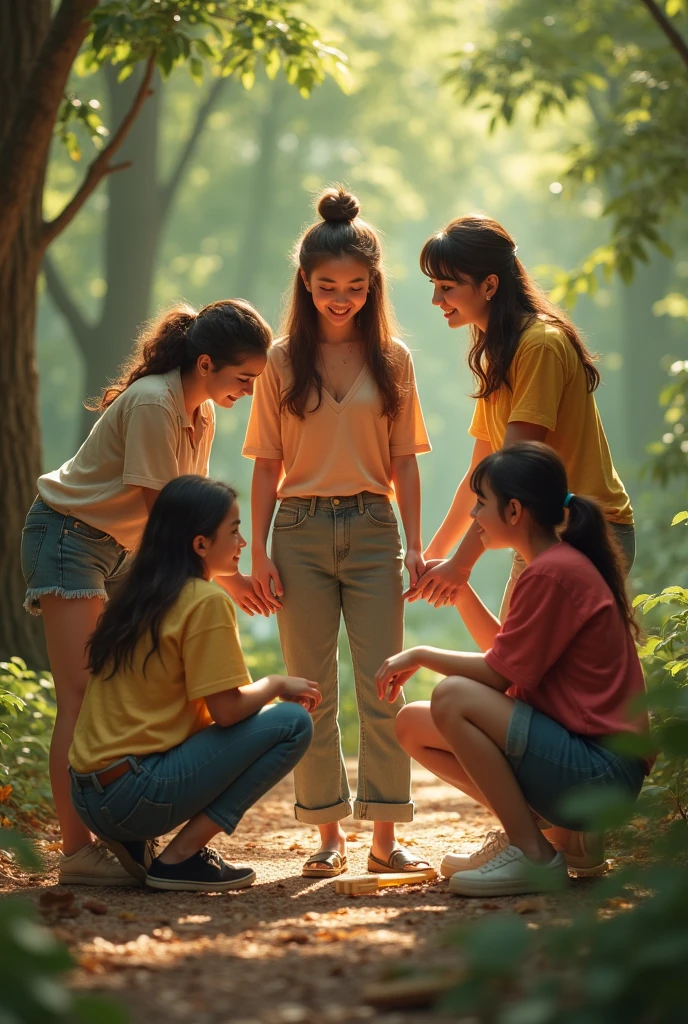 Friends Offering Help:

Prompt: "The girl’s friends, wearing casual clothes, offering help and advice as she struggles with the construction. They are all smiling and working together in the forest.