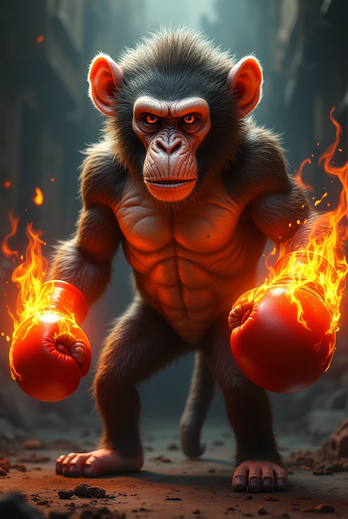 make a boxing monkey that has fire flames on the gloves, The monkey has more human features than normal and wears clothes, He is tall and looks human