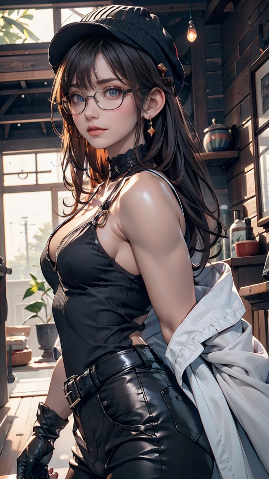 masterpiece, High quality CG, anime, figure, Highest quality, One person, bound, bondage, Beautiful Face, Detailed face, Cowboy Shot, Tokkebi, One person, alone, View your viewers, Black Hair, Braiding, Glasses, Black gloves, belt, pants, Iris, twin Braidings, Striped Hair, Black Hat, Bodysuits, black pants, 丸いGlasses, black Bodysuits, Beanie, Hair behind the ear,