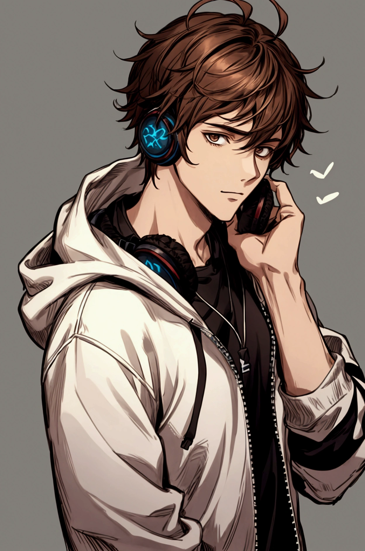 Guy, short hair, brown hair, messy hair, wears headphones around neck, wearing a hoodie, is holding a simple mask near his face, half body, handsome, high quality 