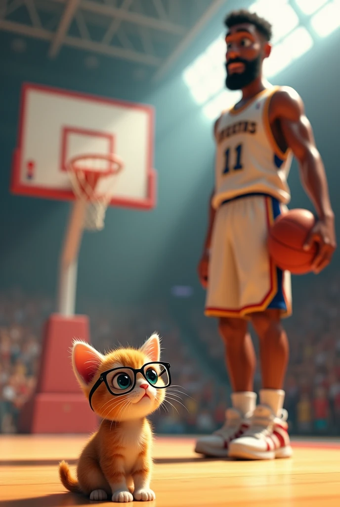 A kitten with glasses next to a basketball player
