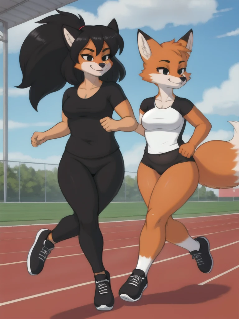 Furry, fox, female, black shirt, black leggings, shoes, running track, friends, full body