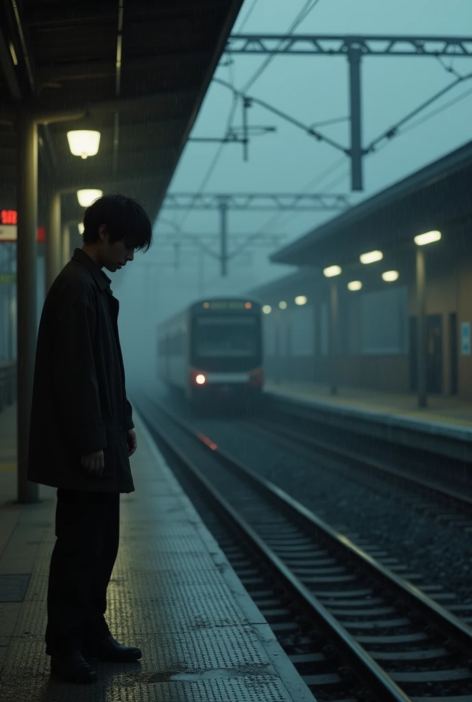 A Japanese person who wants to commit suicide and jumps towards the train tracks 

