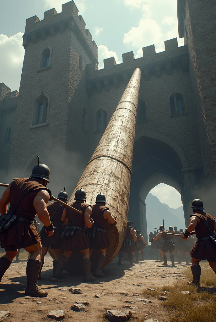 create imposing images of a massive battering ram, made from a thick log with a reinforced metal tip. The battering ram is being pushed by several soldiers towards a large castle gate, with the gate shattering on impact. The scene conveys the brute strength and teamwork required to use this weapon.