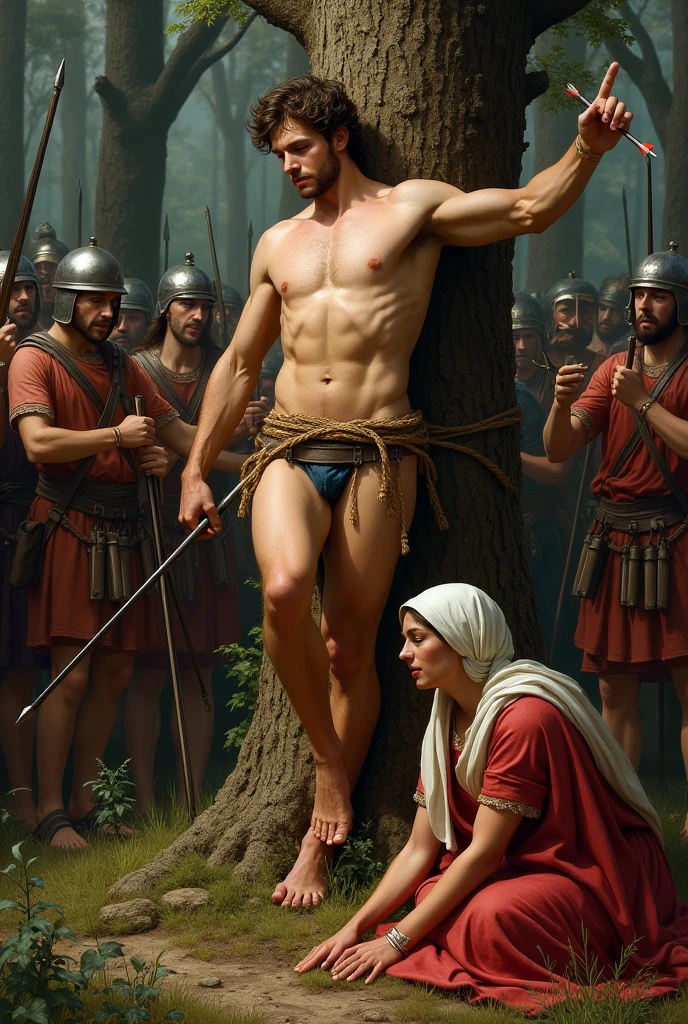 Panel 1: Sebastian is tied to a tree and shot with arrows by soldiers.
Panel 2: A Christian woman finds Sebastian wounded and takes care of him.