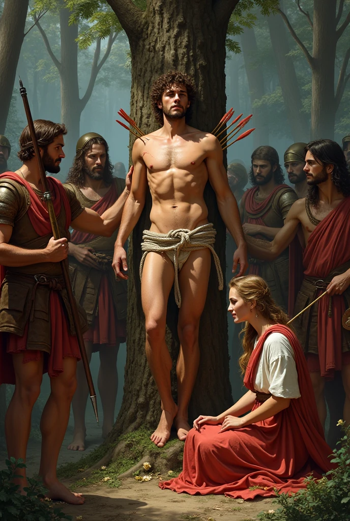 Panel 1: Sebastian is tied to a tree and shot with arrows by soldiers. 
Panel 2: A Christian woman finds Sebastian wounded and takes care of him. 