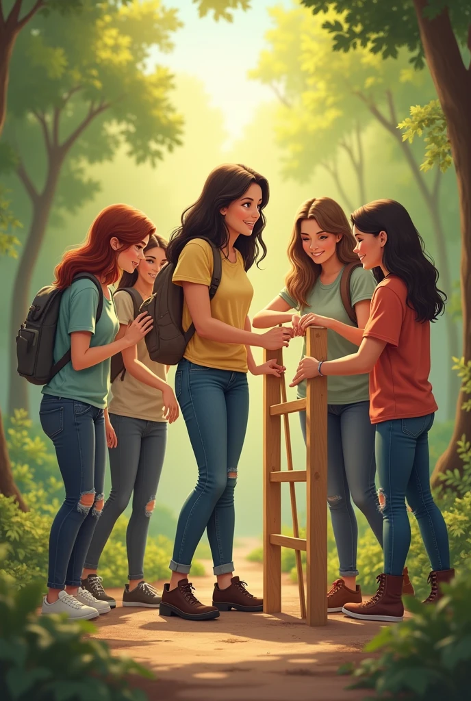 Friends Offering Help:

Prompt: "The girl’s friends, wearing casual clothes, offering help and advice as she struggles with the construction. They are all smiling and working together in the forest.