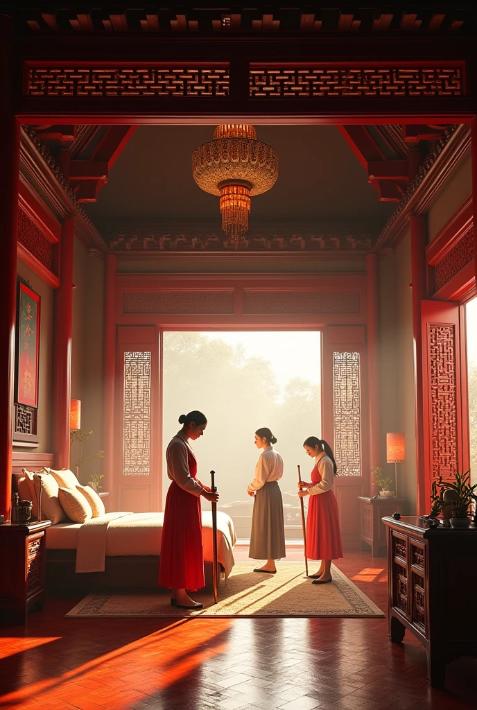 Sense of lens，Chinese ancient style house，Main house master bedroom，A few busy women，Detailed description of interior decoration，Movie quality，Movie storyboard，8k，Ultra-clear，Hyperrealism