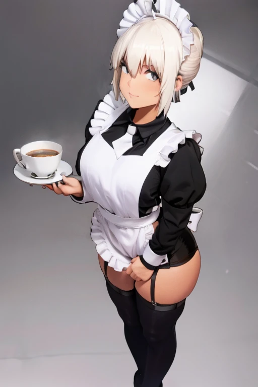 female, silver messy, short hair, silver eyes, cybernetic, (((1girl))), (((black short sleeved maid uniform))), (white apron), (white stockings), (black heels), cute and sexy, full body, large breasts, long legs, smiling