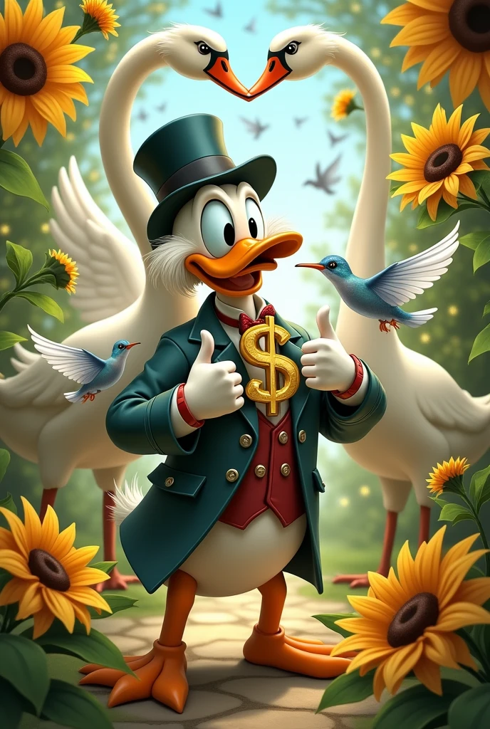 Uncle Scrooge making the dollar sign symbol, a hummingbird, two swans making heart and sunflowers