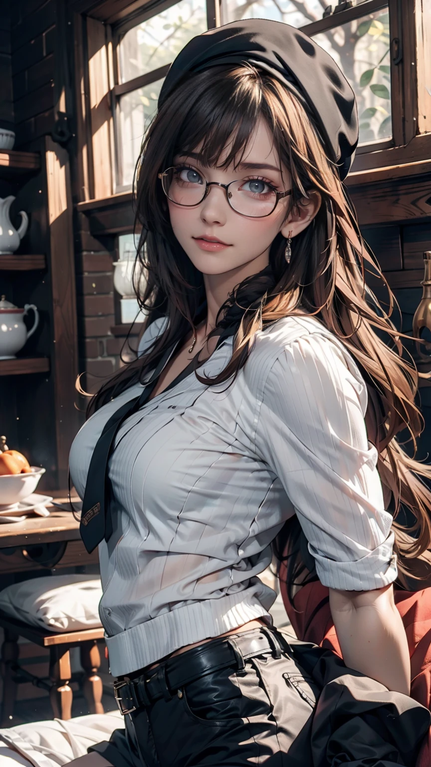 masterpiece, High quality CG, anime, figure, Highest quality, One person, bound, bondage, Beautiful Face, Detailed face, Cowboy Shot, Tokkebi, One person, alone, View your viewers,  Black Hair, Braiding, Glasses, Black gloves, belt, pants, Iris, twin Braidings, Striped Hair, Black Hat, Bodysuits, black pants, 丸いGlasses, black Bodysuits, Beanie, Hair behind the ear, 