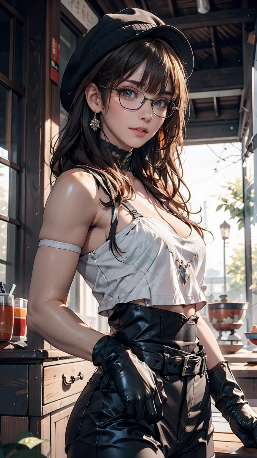 masterpiece, High quality CG, anime, figure, Highest quality, One person, bound, bondage, Beautiful Face, Detailed face, Cowboy Shot, Tokkebi, One person, alone, View your viewers, Black Hair, Braiding, Glasses, Black gloves, belt, pants, Iris, twin Braidings, Striped Hair, Black Hat, Bodysuits, black pants, 丸いGlasses, black Bodysuits, Beanie, Hair behind the ear,
