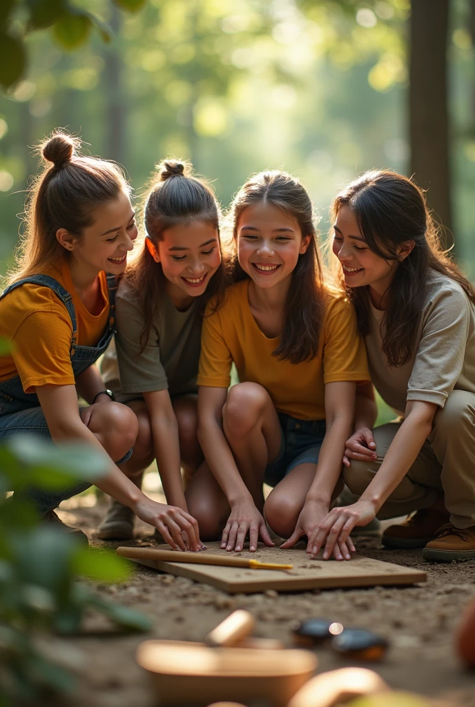 Friends Offering Help:
Prompt: "The girl’s friends, wearing casual clothes, offering help and advice as she struggles with the construction. They are all smiling and working together in the forest.