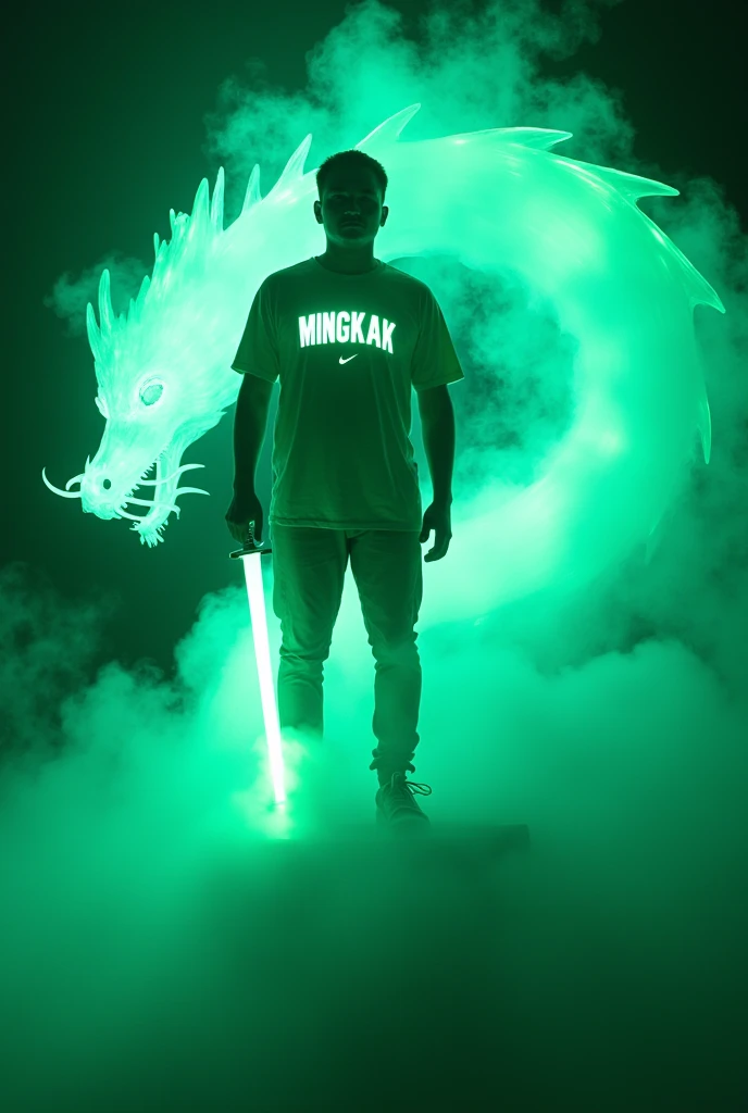 a handsome Indonesian man stands on thick liquid smoke that forms a flying dragon emitting green light. the luminous body has a calm and dignified aura. standing position with feet as if about to step, both hands held a samurai full of light. wear nike air force 1 green shoes.displays "MINGKAK" on his clothes. clean elegant background clear lighting results clear photography results.bold capital and glowing font