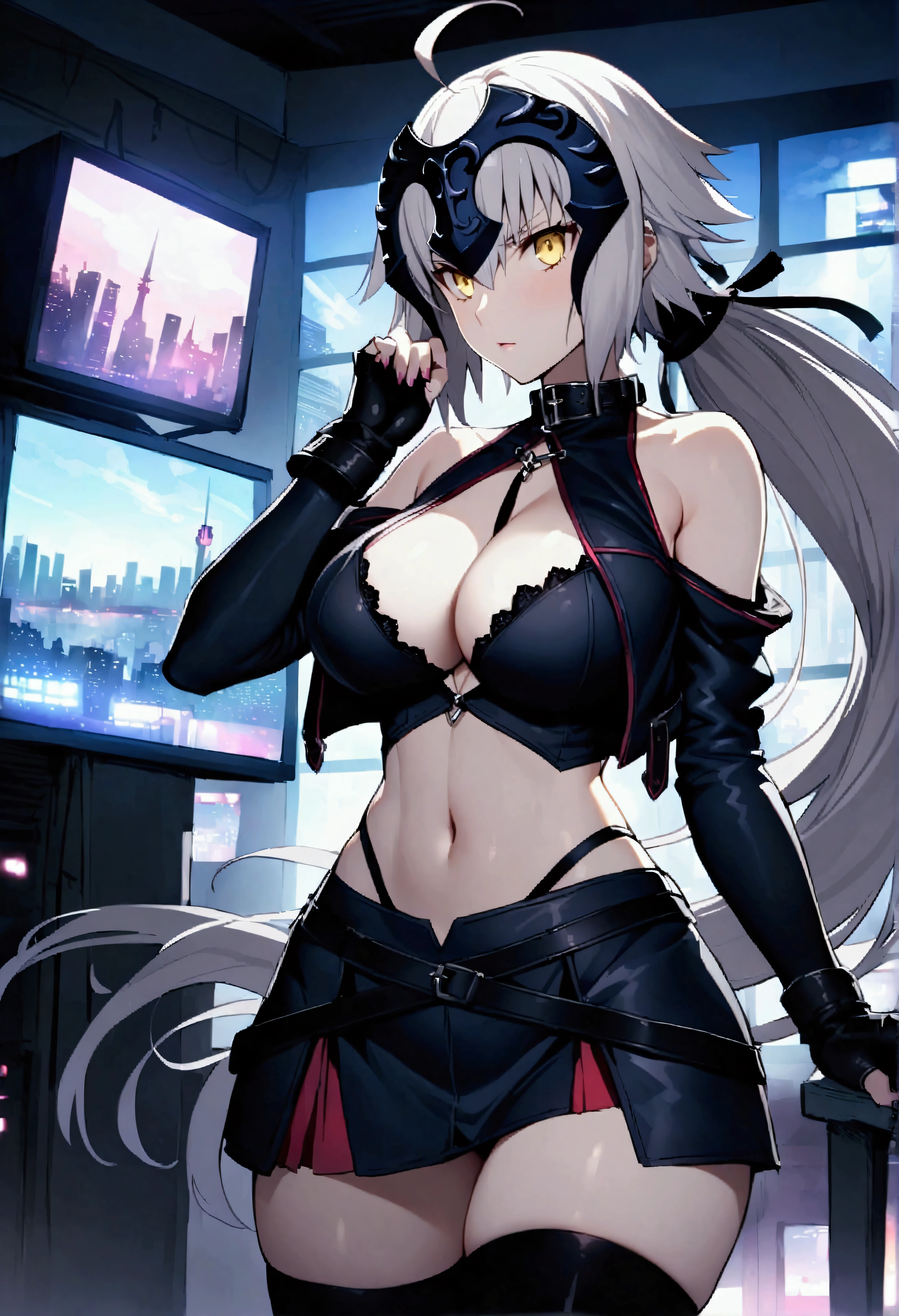  Jeanne d&#39;Arc Alter / (Fate Grand Order/) Gray Hair、Yellow Eyes、Ahoge、short hair、Headpiece、 fate, 1girl, solo focus, large breasts, long hair, ponytail, gray hair, cleavage, yellow eyes, leather collar, bare shoulders, fingerless gloves, thighhighs, thighighs under boots, miniskirt, leather skirt, thong, Tank top, leather top, halterneck, cropped jacket, Window, city skyline, monitors, screens, neon lights, cowboy shot