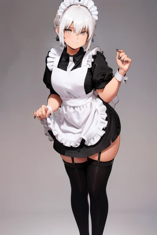 female, silver messy, short hair, silver eyes, cybernetic, (((1girl))), (((black short sleeved maid uniform))), (white apron), (white stockings), (black heels), cute and sexy, full body, large breasts, long legs, smiling