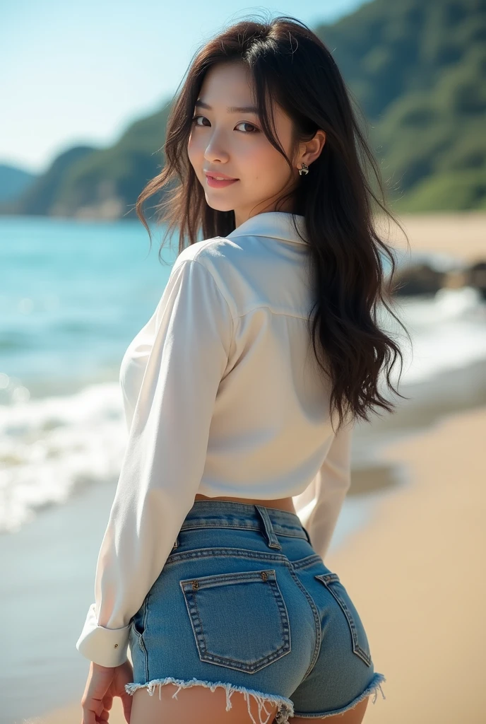 可爱, 16 anos, clivagem, seios, menina japonesa, parte superior do corpo, White t-shirt transparent wet,arms behind back,Praia, , baixo contraste, Olhando para o Viewer, (sorrir), Caudas duplas, cabelo scrunchie, pele brilhante, melhor qualidade, Ultra Highres, foto realista, ultra detalhado, 8k, Foto RAW, Masterpeace, tamanho 864X1536, tipo upscale