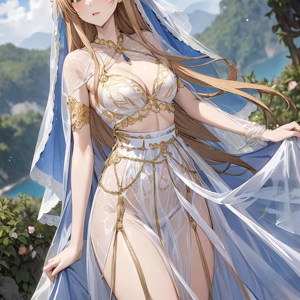 ((Highest quality)), ((masterpiece)), (detailed), (Perfect Face)、The woman is Yuuki Asuna, with light brown, medium-long hair, wearing a completely transparent outfit with gorgeous gold embroidery and trim, a veil, a transparent cape, and gorgeous accessories.、The woman is not wearing a bra、The woman is not wearing underwear