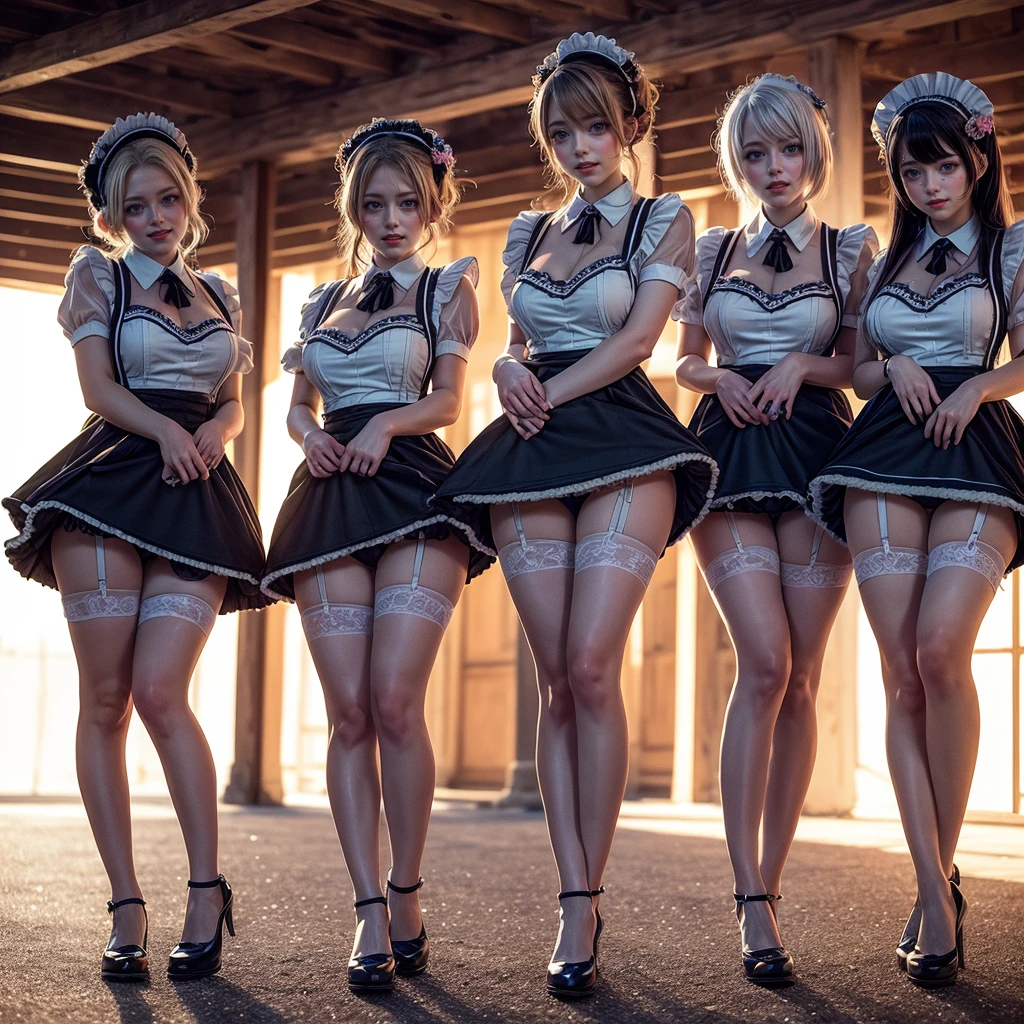 (Full Body of Extremely Detailed((Kawaii Maid Group in a row:1.37))), Cute perfect face, Reflective Eyes, Detailed(Delicate Clothing textures), Correct Leg Line, Dynamic Joyful Expressions LifeLike Rendering, Specular Reflection, TopQuality 8K Ultra-detailed masterpiece (ProfessionalPhoto:1.37), (Acutance:0.8), (Luminism:1.28), (Renaissance art style), Colorful Light particles, ((Full body from side)), {MicroMini Skirt|Kissing|Breast Lifting|Undressing|Thigh Gap|AssFocus}, Radiant Fine Skin with Transparency, (Exposed:0.5), (Different types of Anime hair color){Pink Hair|Blue Hair|Platinum Blonde|White Silver Hair|Liquid Hair}, Perfect Lighting