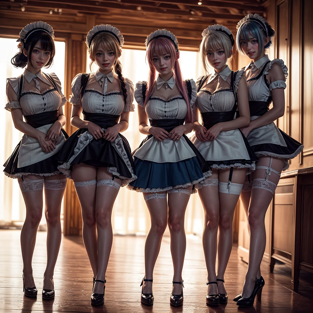 (Full Body of Extremely Detailed((Kawaii Maid Group in a row:1.37))), Cute perfect face, Reflective Eyes, Detailed(Delicate Clothing textures), Correct Leg Line, Dynamic Joyful Expressions LifeLike Rendering, Specular Reflection, TopQuality 8K Ultra-detailed masterpiece (ProfessionalPhoto:1.37), (Acutance:0.8), (Luminism:1.28), (Renaissance art style), Colorful Light particles, ((Full body from side)), {MicroMini Skirt|Kissing|Breast Lifting|Undressing|Thigh Gap|AssFocus}, Radiant Fine Skin with Transparency, (Exposed:0.5), (Different types of Anime hair color){Pink Hair|Blue Hair|Platinum Blonde|White Silver Hair|Liquid Hair}, Perfect Lighting