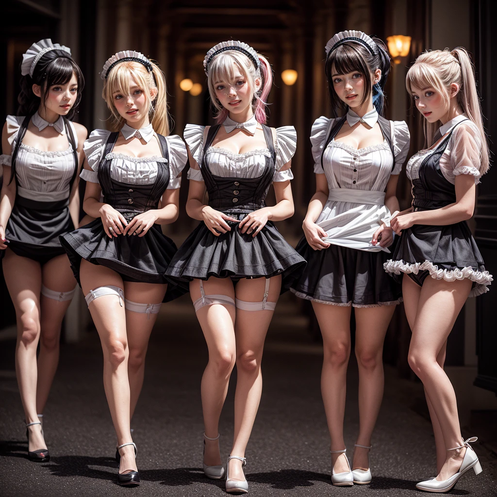 (Full Body of Extremely Detailed((Kawaii Maid Group in a row:1.37))), Cute perfect face, Reflective Eyes, Detailed(Delicate Clothing textures), Correct Leg Line, Dynamic Joyful Expressions LifeLike Rendering, Specular Reflection, TopQuality 8K Ultra-detailed masterpiece (ProfessionalPhoto:1.37), (Acutance:0.8), (Luminism:1.28), (Renaissance art style), Colorful Light particles, ((Full body from side)), {MicroMini Skirt|Kissing|Breast Lifting|Undressing|Thigh Gap|AssFocus}, Radiant Fine Skin with Transparency, (Exposed:0.5), (Different types of Anime hair color){Pink Hair|Blue Hair|Platinum Blonde|White Silver Hair|Liquid Hair}, Perfect Lighting